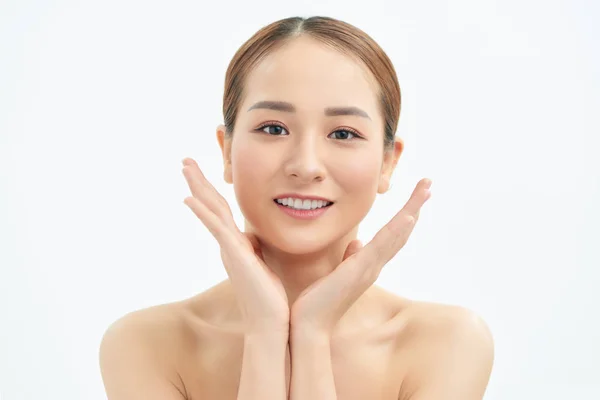 Beautiful Young Asian Woman Fresh Clean Skin Touches Her Face — Stock Photo, Image