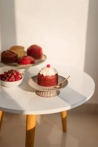 Raspberry Cake Stand Put White Table — Stock Photo, Image