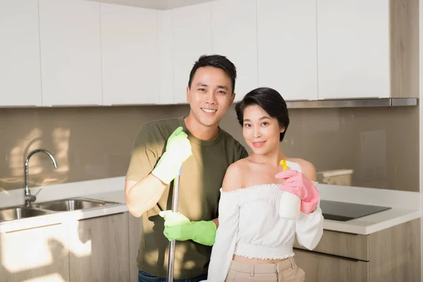 Excited Young Asian Man Woman Cleaning Kitchen Cleanliness Housekeeping Hygiene — 스톡 사진