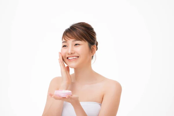 Schönheitskonzept Asiatische Mädchen Ist Anwendung Creme Auf Ihr Gesicht — Stockfoto
