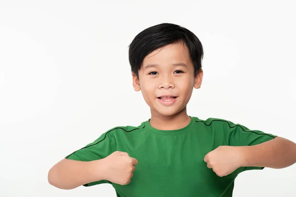 Портрет Милого Розумного Хлопчика Азії Показує Він Виграє Жест Посміхається — стокове фото