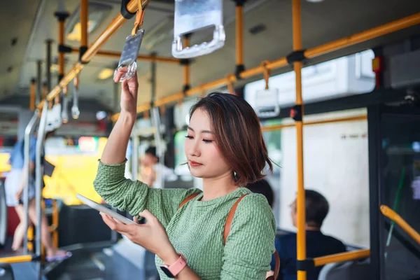 Young Adorable Joyful Woman Standing Bus Using Phone Smiling — Stock Photo, Image