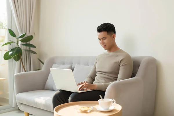 Freelance Career. Smiling Man Working On Laptop Computer Sitting On Sofa At Home.