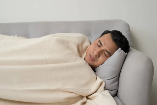 Asian Eldely Sick Man Feel Headache Lying Sofa Home — Stock Photo, Image