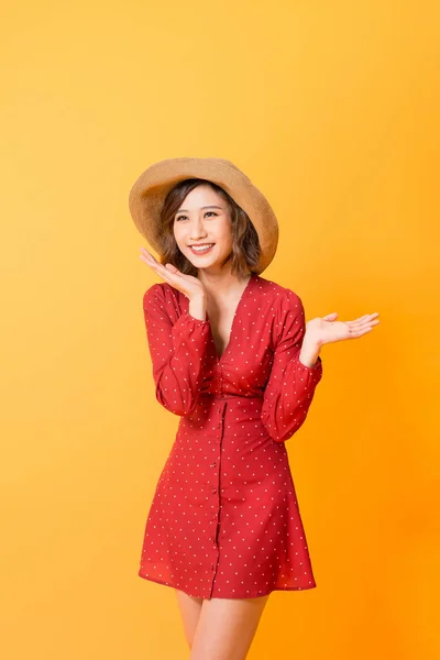 Young Asian Woman Showing Hands Posing Orange Background — Stock Photo, Image