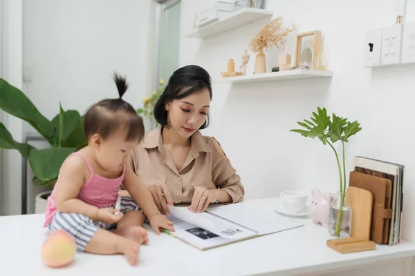 Little Assistant Little Baby Girl Using Pen While Sitting Office — Stock Photo, Image