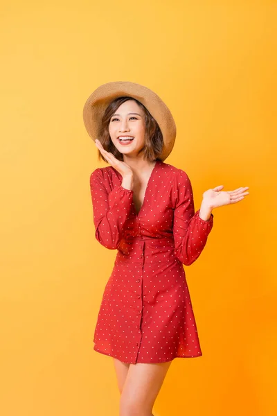 Young Asian Woman Showing Hands Posing Orange Background — Stock Photo, Image