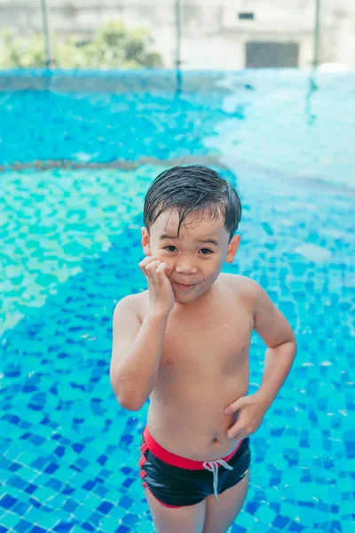 Stress Asian Boy Scratching His Face Pool Background Summer Concept — Stock Photo, Image