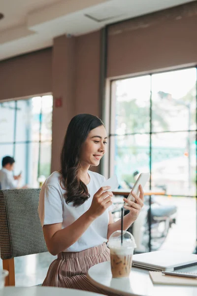 Business Woman Working Laptop Phone Sitting Cafe — Stock Photo, Image