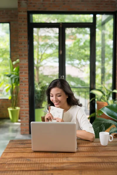 Asian Woman Working Drink Coffee Cafe Laptop Computer Smile Happy — Stock Photo, Image