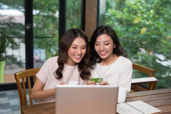Dos Mujer Joven Asiática Usando Ordenador Portátil Para Compras Línea —  Fotos de Stock