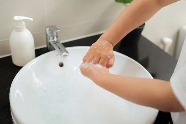 Washing Woman Hands Soap Crane Water — Stok fotoğraf