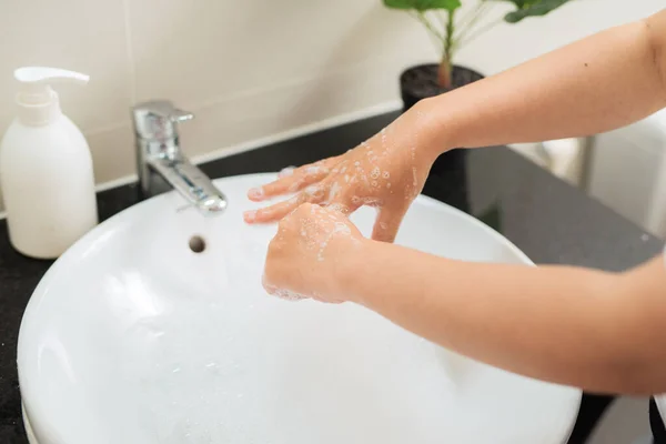 Washing Woman Fingers Hands Soap Crane Water — Stok fotoğraf