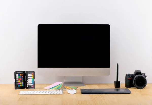 Front view of home office graphic designer desktop with blank copy space PC  computer - Stock Image - Everypixel
