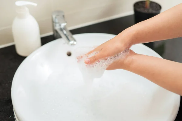 Washing Woman Hands Soap Crane Water — Stok fotoğraf