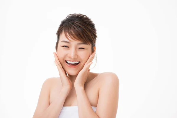 Portrait Beautiful Skin Care Woman Enjoy Happy Touching Her Face — Stock Photo, Image