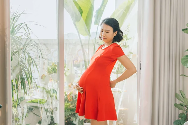 Νεαρή Ασιατική Όμορφη Έγκυος Γυναίκα Στέκεται Κοντά Στο Παράθυρο Στο — Φωτογραφία Αρχείου