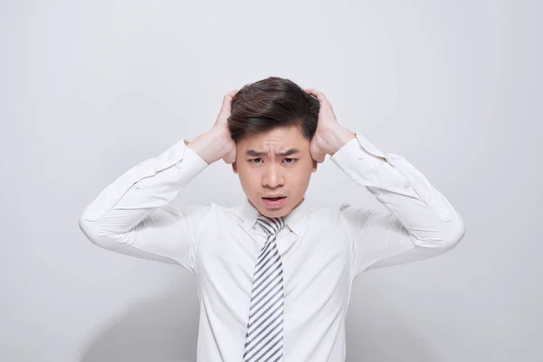 Exhausted Young Man Holding Head Hands While Feeling Pain Young — Stock Photo, Image