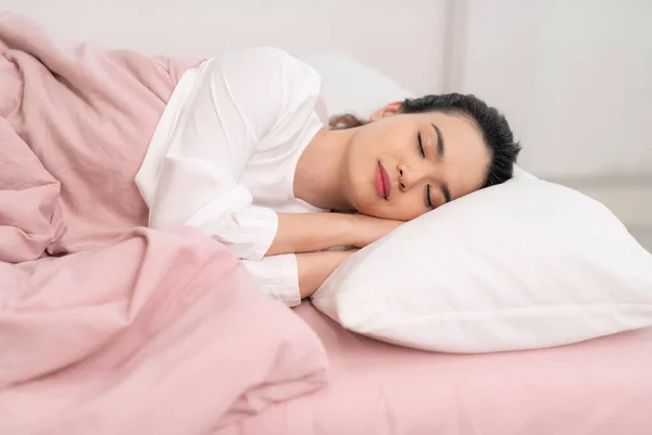 Happy Asian Young Beauty Women Sleeping Smile Bed Morning — Stock Photo, Image