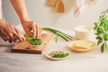 Sarma Wonton ve çiğ maddeler mutfakta izole