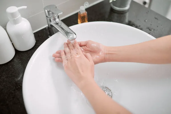 Washing Hands Soap Bathroom Closeup — Stock Photo, Image