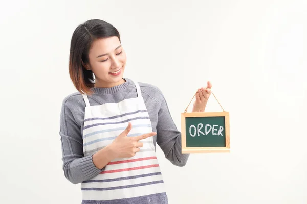 Portrait Smiling Waitress Showing Chalkboard Order Sign White — Stock Photo, Image