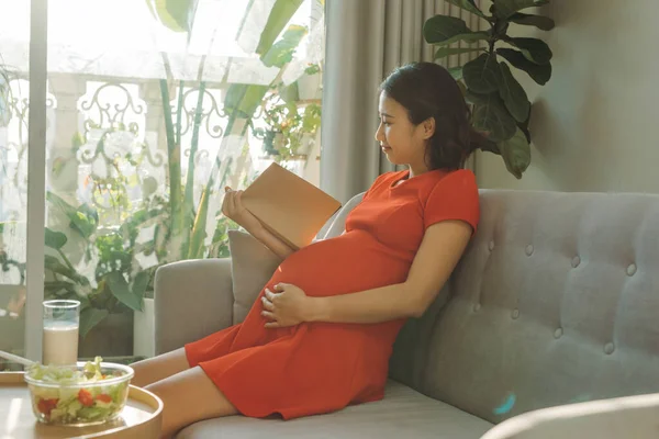 Schöne Schwangere Frau Sitzt Auf Einem Sofa Fenster Liest Ein — Stockfoto