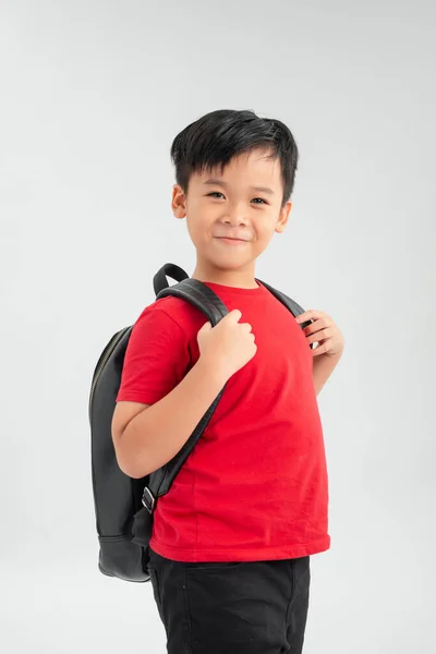 Portret Chłopca Szkolnym Plecakiem Odizolowanym Białym Tle — Zdjęcie stockowe