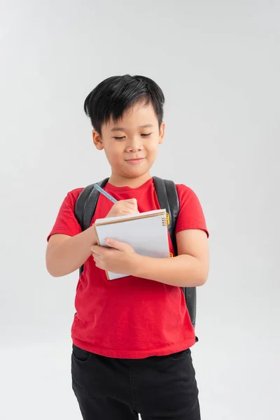 Jong Aziatische School Jongen Schrijven Notitieblok Met Rugzak Witte Achtergrond — Stockfoto