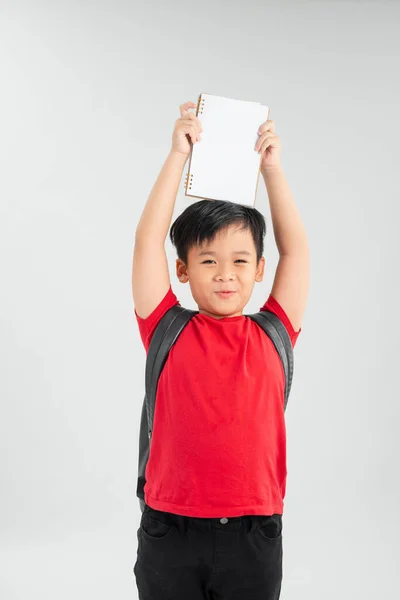 Young Asian Boy Student Holding Book Show Head Isolated White — ストック写真