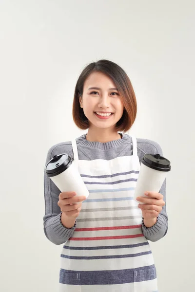 Close Photo Beautiful Amazing Her She Lady Waitress Owner Cafeteria — 스톡 사진