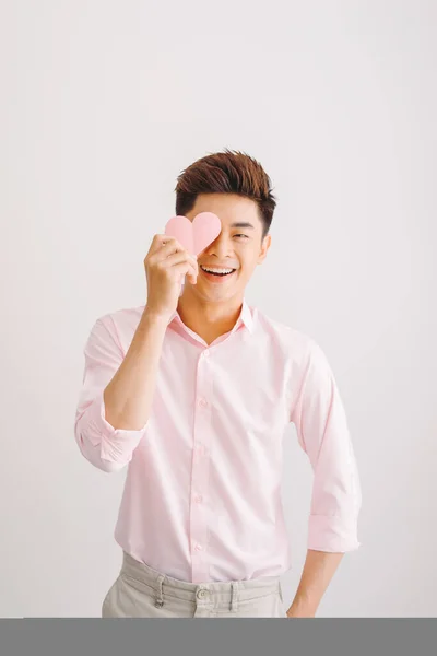 Jovem Bonito Asiático Homem Cartão Saudação Com Forma Coração Fundo — Fotografia de Stock