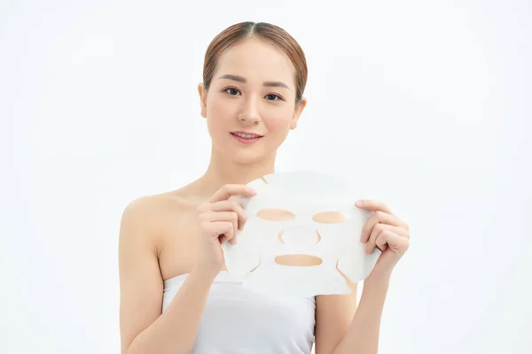 Portrait Young Beautiful Asian Woman Holding Face Mask Isolated White — Stock Photo, Image