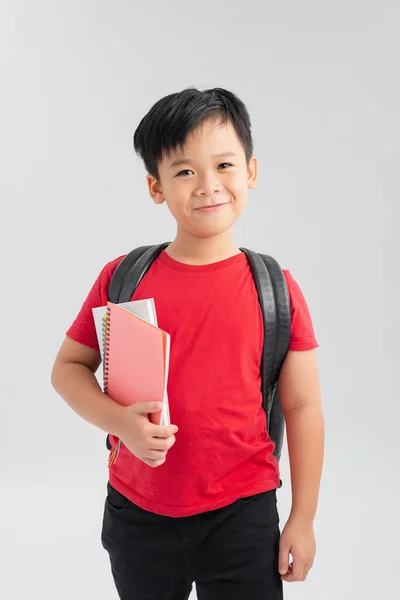 Lachende Schattige Schooljongen Met Rugzak Met Boeken Kijken Naar Camera — Stockfoto