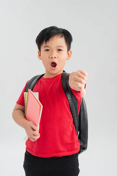 Schöne Student Kind Junge Trägt Rucksack Mit Büchern Über Isolierten — Stockfoto