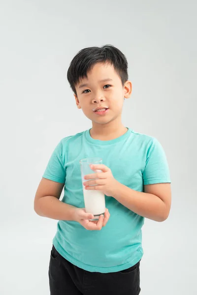 Adorable Little Boy Glass Milk White Background — Stock Photo, Image