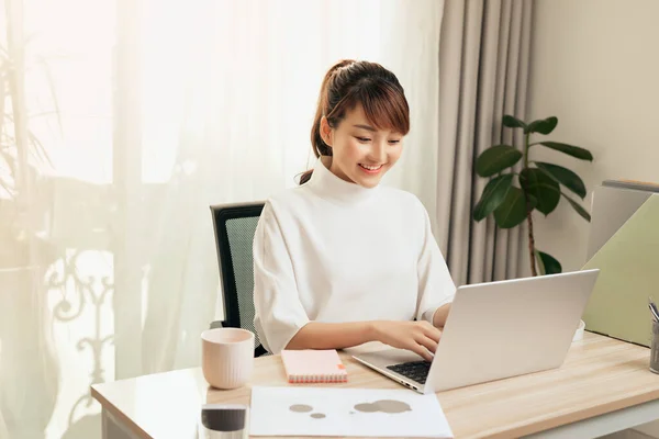 Cheerful Young Asian Woman Working Home Computer — Stock Photo, Image