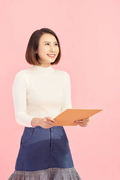 Young Asian Business Woman Holding File Isolated Pink Background — 스톡 사진