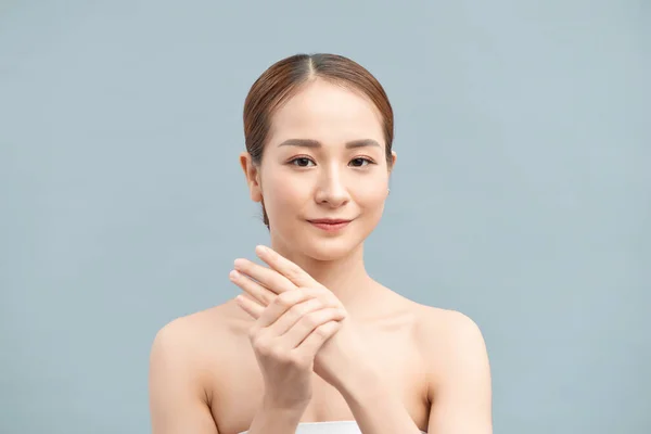 Portrait Happy Smiling Beautiful Young Woman Touching Skin Applying Cream — 스톡 사진