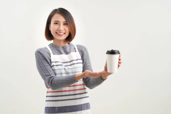 Young Waitress Cafe Apron Giving You Glass Hot Coffee While — 스톡 사진