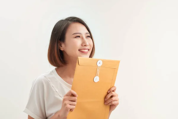 Young Asian Woman Holding Document Envelopes Job Application — Stock Photo, Image
