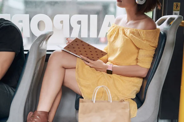 Beautiful Young Woman Sitting City Bus Writing Some Notes Notebook — Stock Photo, Image
