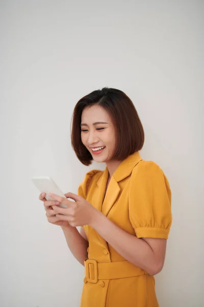 Joyful Smiling Girl Texting Message Enjoying New App — Stock Photo, Image