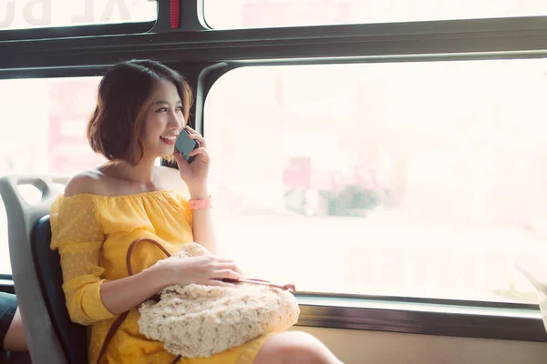 Young Attractive Asian Woman Using Phone While Sitting Bus — Stock Photo, Image