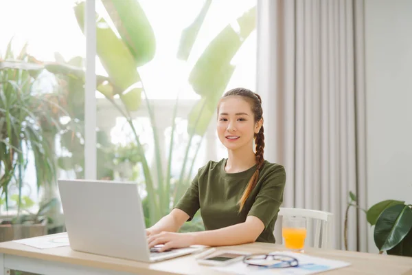 Happy Young Beautiful Woman Using Laptop Indoors — Stock Photo, Image