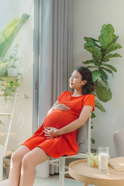 Orgullosa Mujer Embarazada Mirando Vientre Sentada Sofá Sala Estar Casa — Foto de Stock