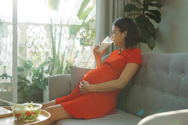 Healthy nutrition during pregnancy. Pregnant woman drinking milk, sitting on sofa, free space