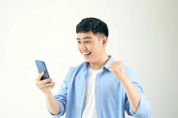 Image Excited Happy Young Man Posing Isolated Using Mobile Phone — Stock Photo, Image