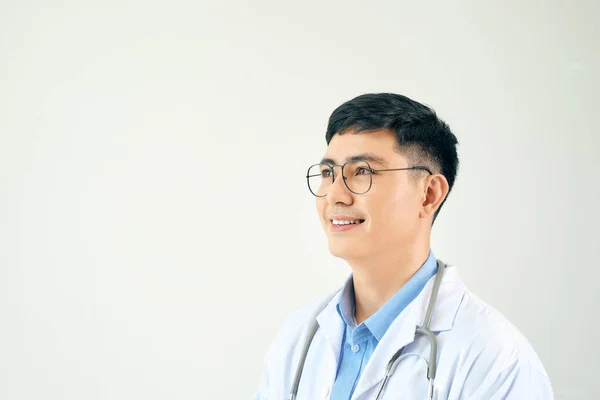 Adult Scientist Doctor Man Wearing White Coat Isolated Background Looking — Stock Photo, Image