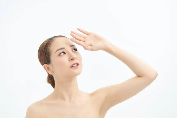 Close Young Naked Asian Woman Looking Showing Hand Isolated White — Stock Photo, Image